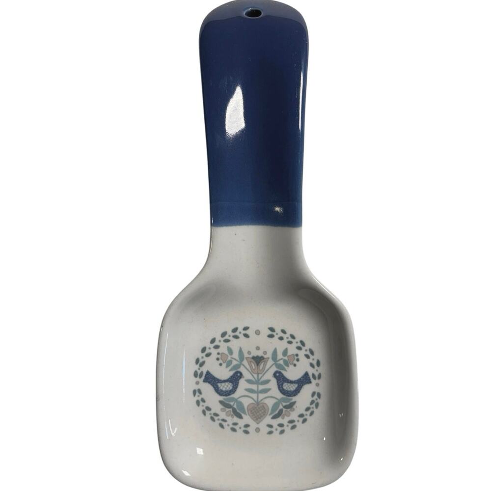 Vintage Ceramic Spoon Rest Folk Art Blue Birds Floral Dipped Country Blue Handle